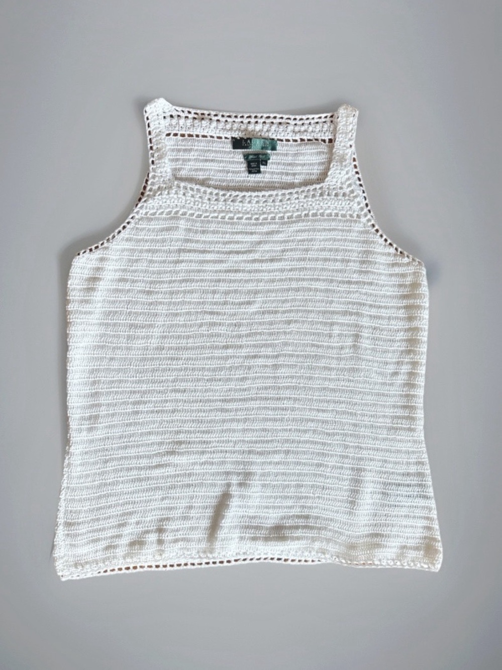 Lauren Ralph Lauren Womens Hand Knit Crochet-Trim White Tank Sz Petite Large